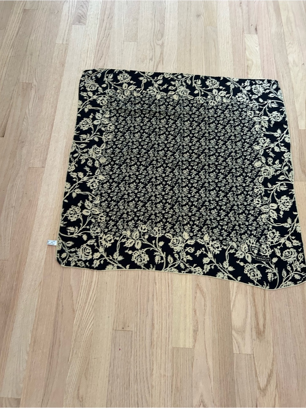 Vintage Manolo Borromeo Italian Floral Square Silk Scarf-Black & Tan